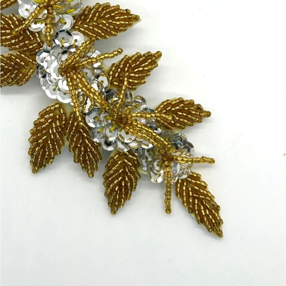 Floral Hair Barrette Bridal Prom Formal Gold-Tone Beaded & Silvertone Sequin - Picture 5 of 10